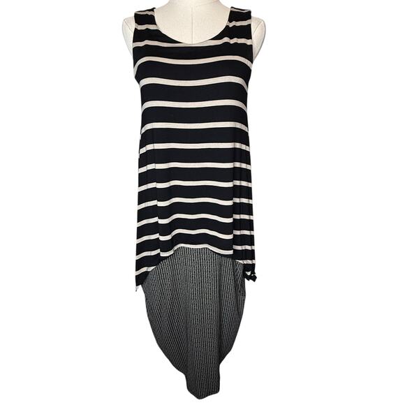 Alembika Layered Cocoon Midi Dress Black Striped Lagenlook Artsy size 2 / Medium - Picture 1 of 6